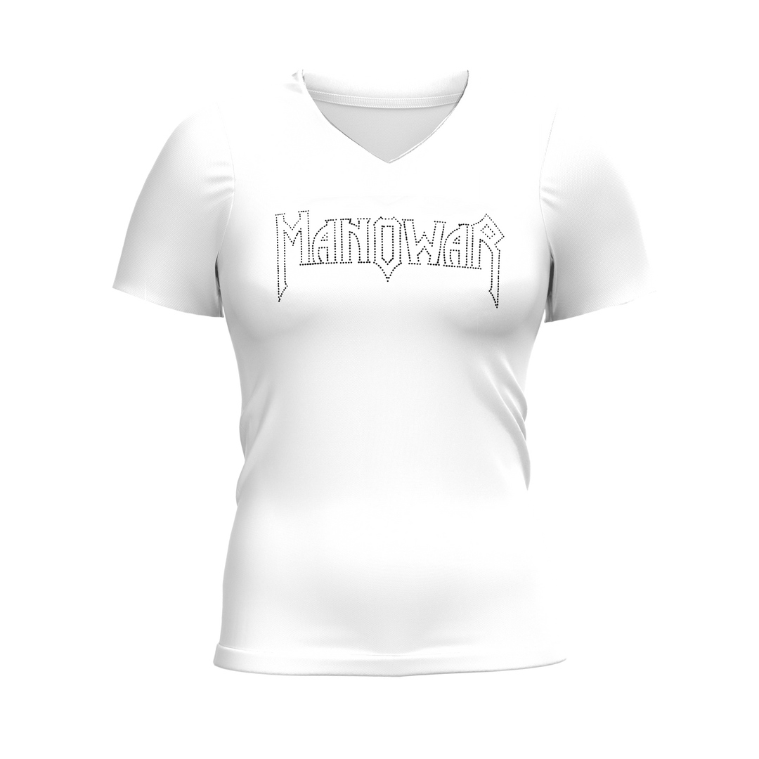 Manowar Ladies' T-Shirt V-Neck White With Sparkle Logo - Ltd. Edition