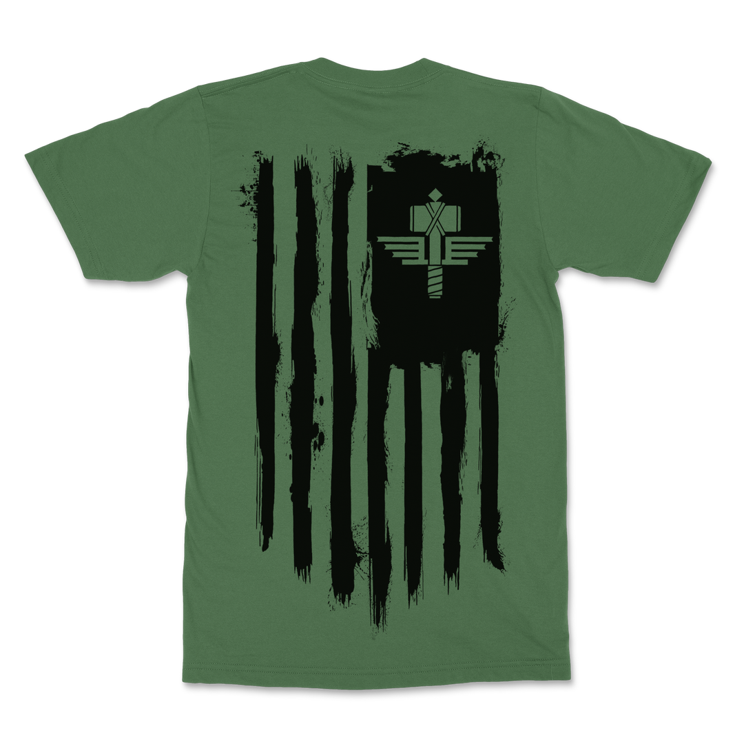 Manowar T-Shirt Sign Of The Hammer Stripes - Black On Military Green
