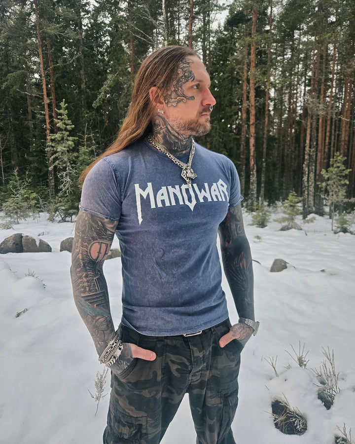 MANOWAR T-SHIRT BLUE ACID WASH VINTAGE LOGO